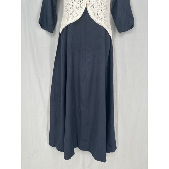 90s Vintage Dress Medium Black Maxi Crochet Cottage Prairie Whimsigoth Boho - Picture 6 of 8